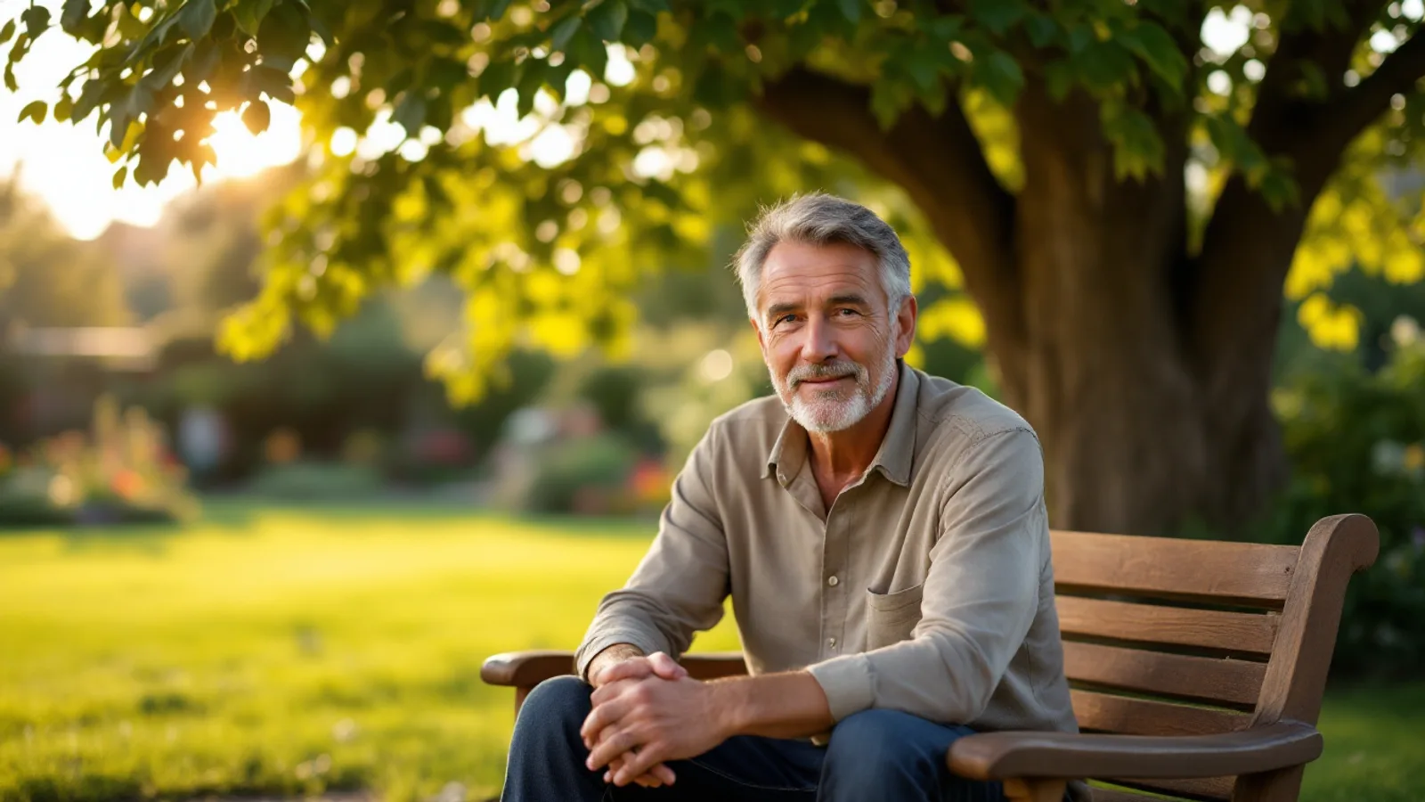 Thoughtful man in his forties sitting on the front steps of a family home in warm evening light