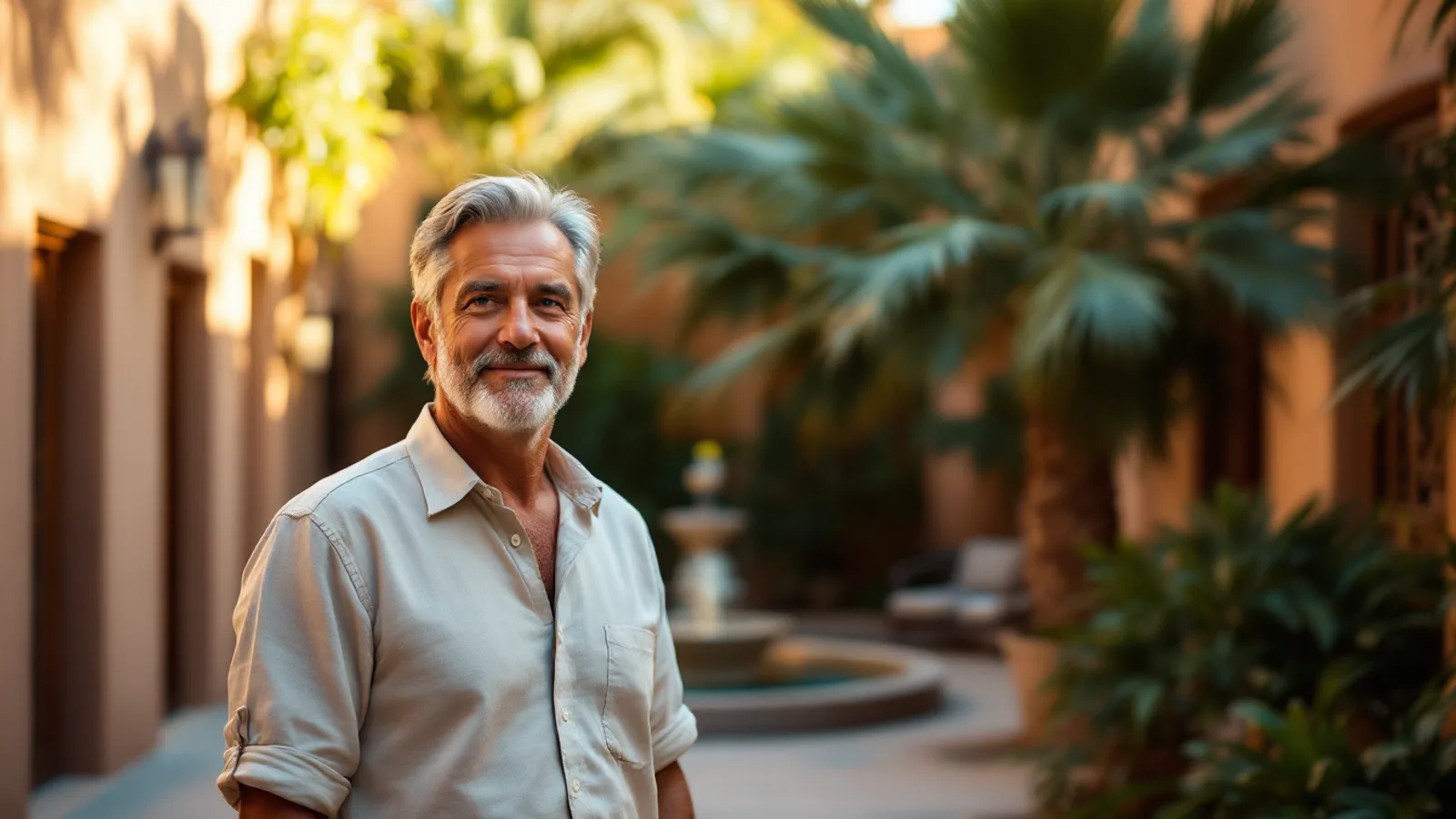 Man in a linen shirt smiling on a rooftop terrace with palms at golden hour