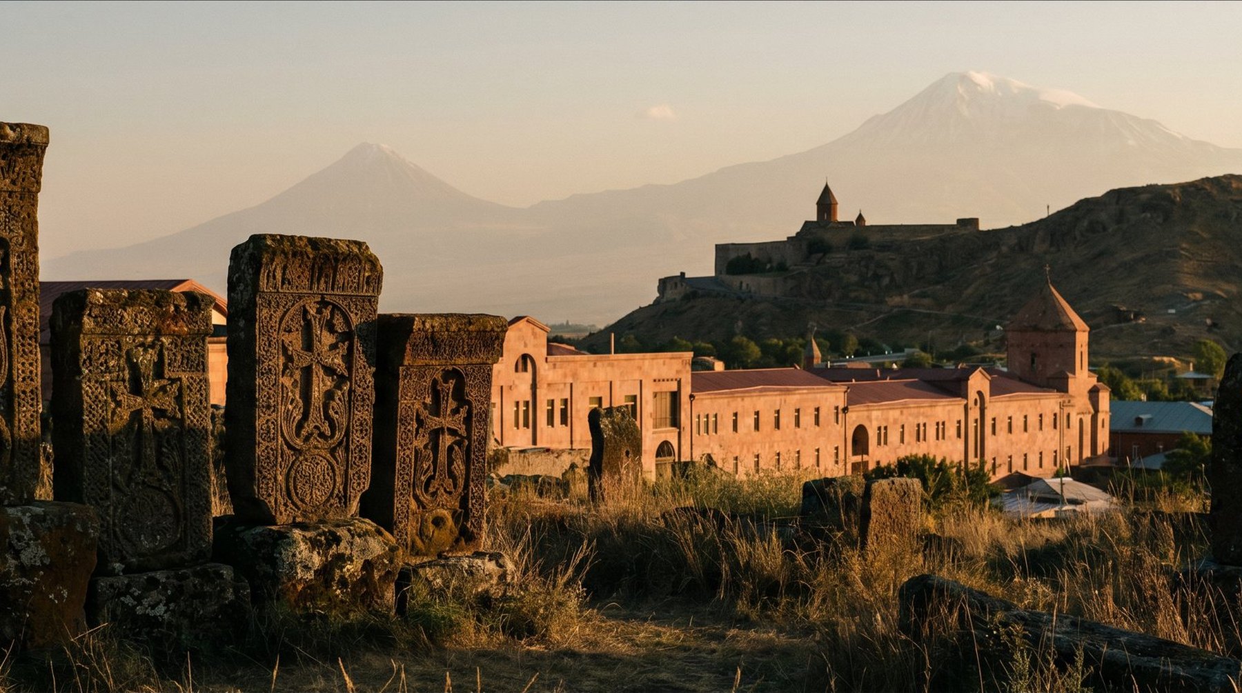 Armenian khachkar stones and monastery landscape with Mount Ararat at golden hour