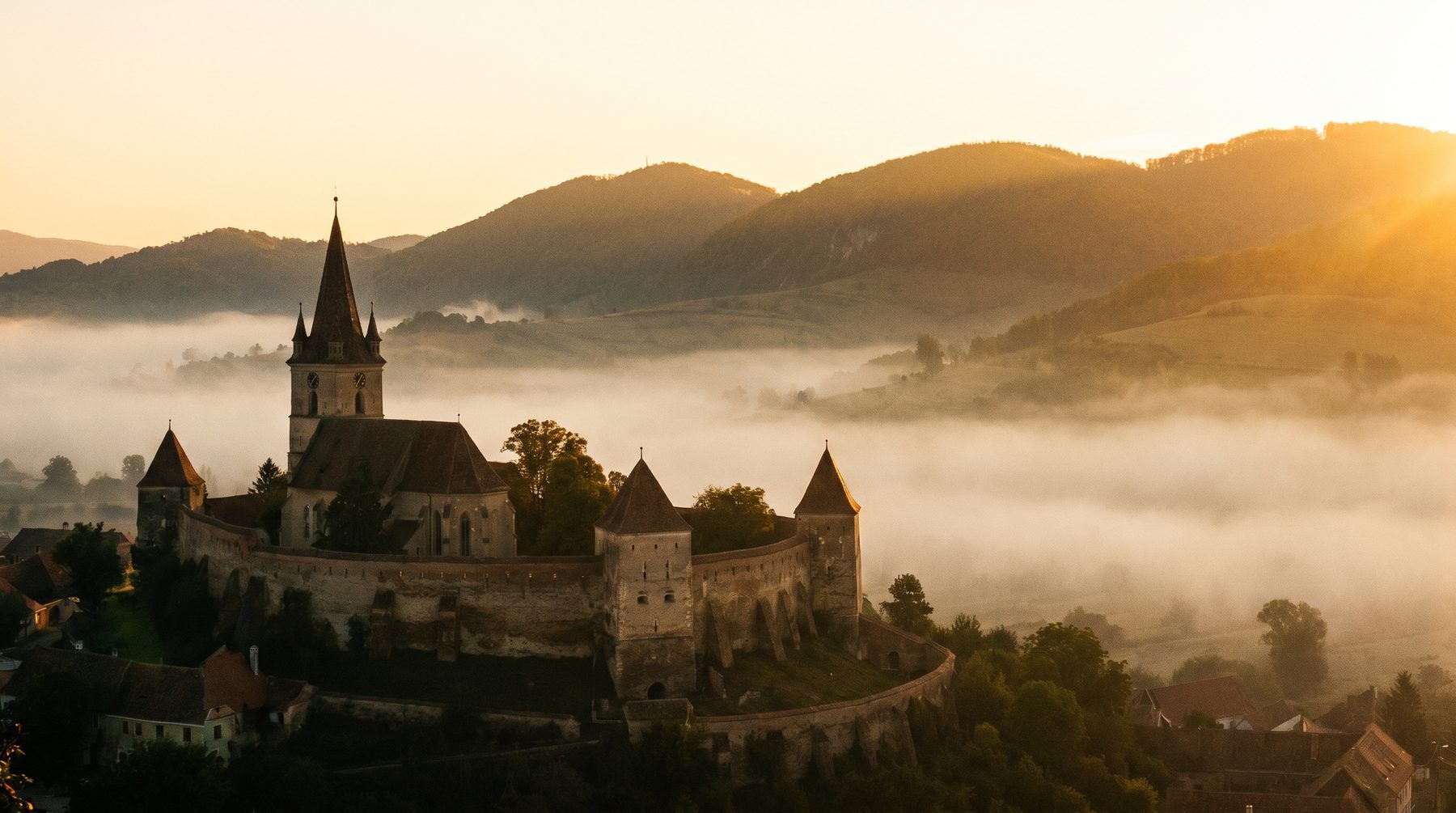 Transylvanian town and Carpathian hills — Romania