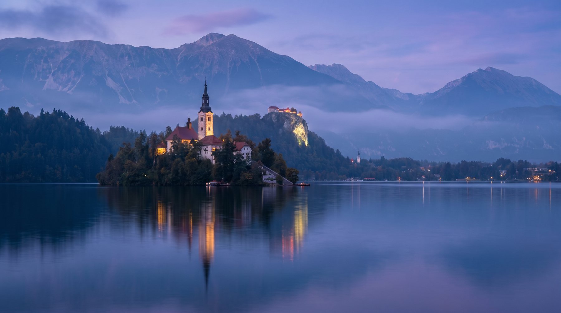 Lake Bled and the Julian Alps at blue hour — Slovenia