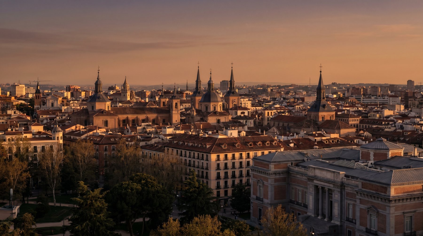 Madrid skyline and old city rooftops at dusk — Spain