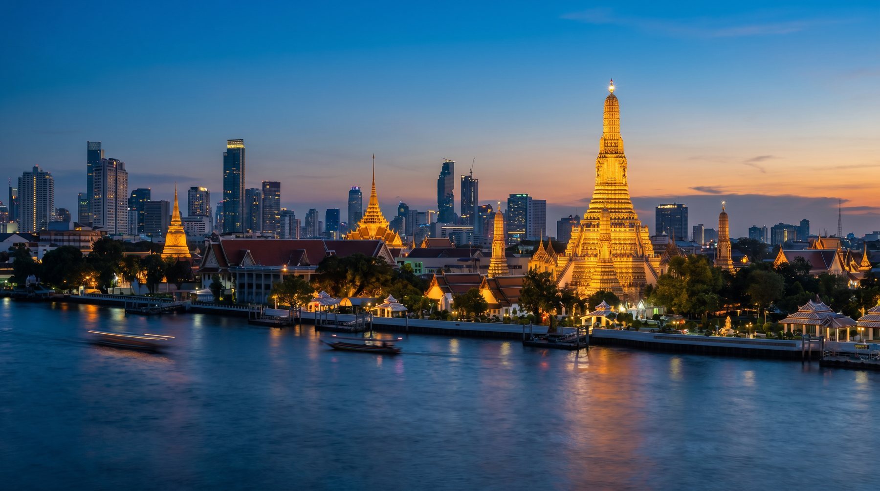 Bangkok and the Chao Phraya River at blue hour — Thailand
