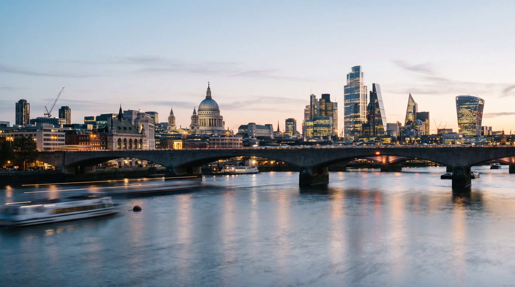 The Thames and London skyline at blue hour — United Kingdom
