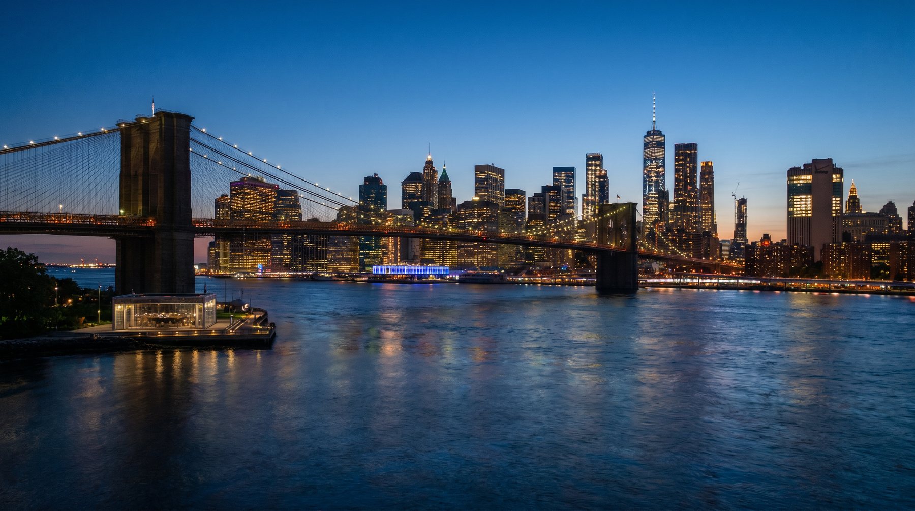 Manhattan skyline and East River at blue hour — United States