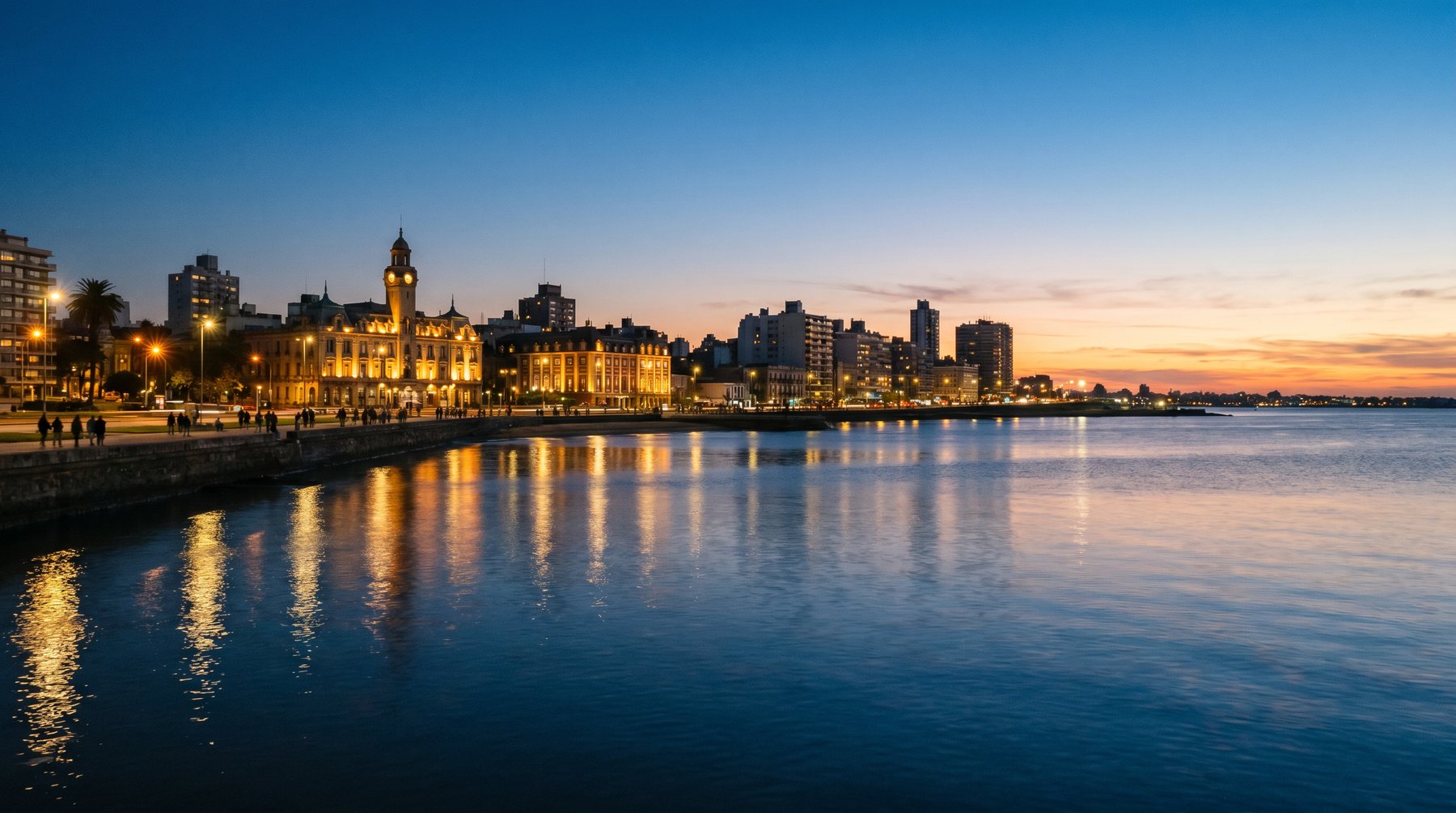 Montevideo seafront and the Río de la Plata at blue hour — Uruguay