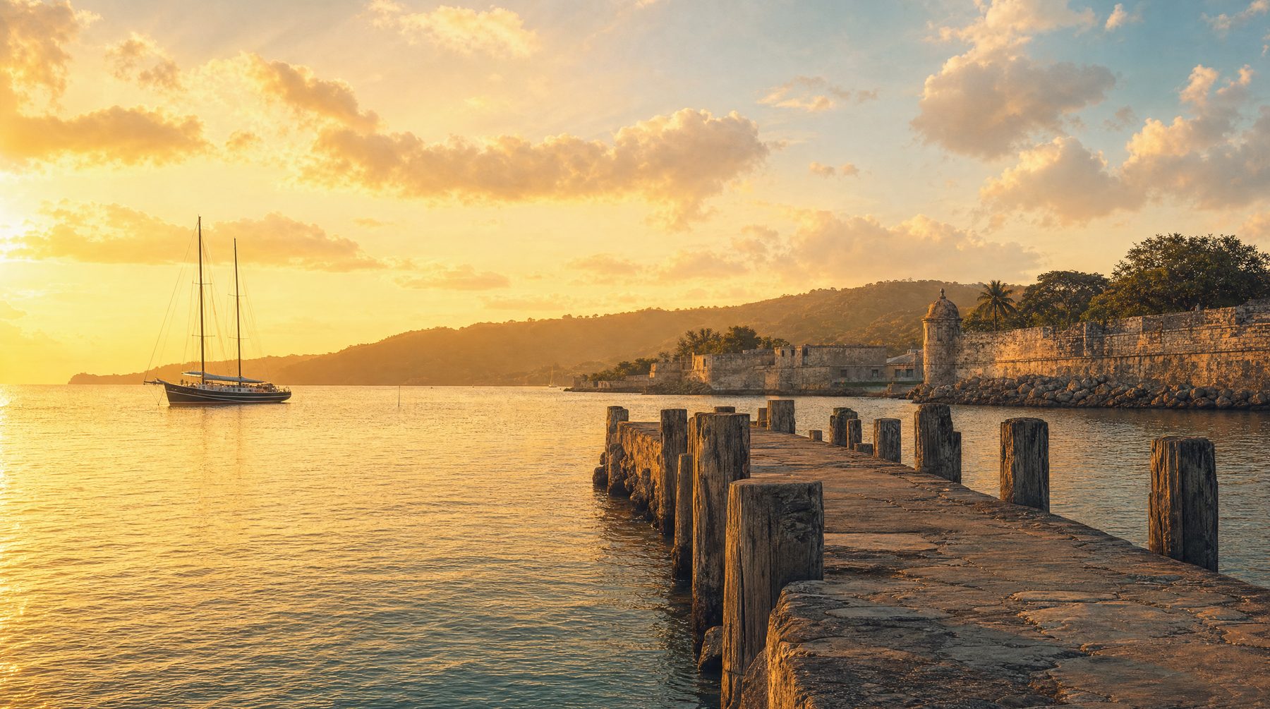 Quiet Antigua harbour pier with sailing yacht at dawn