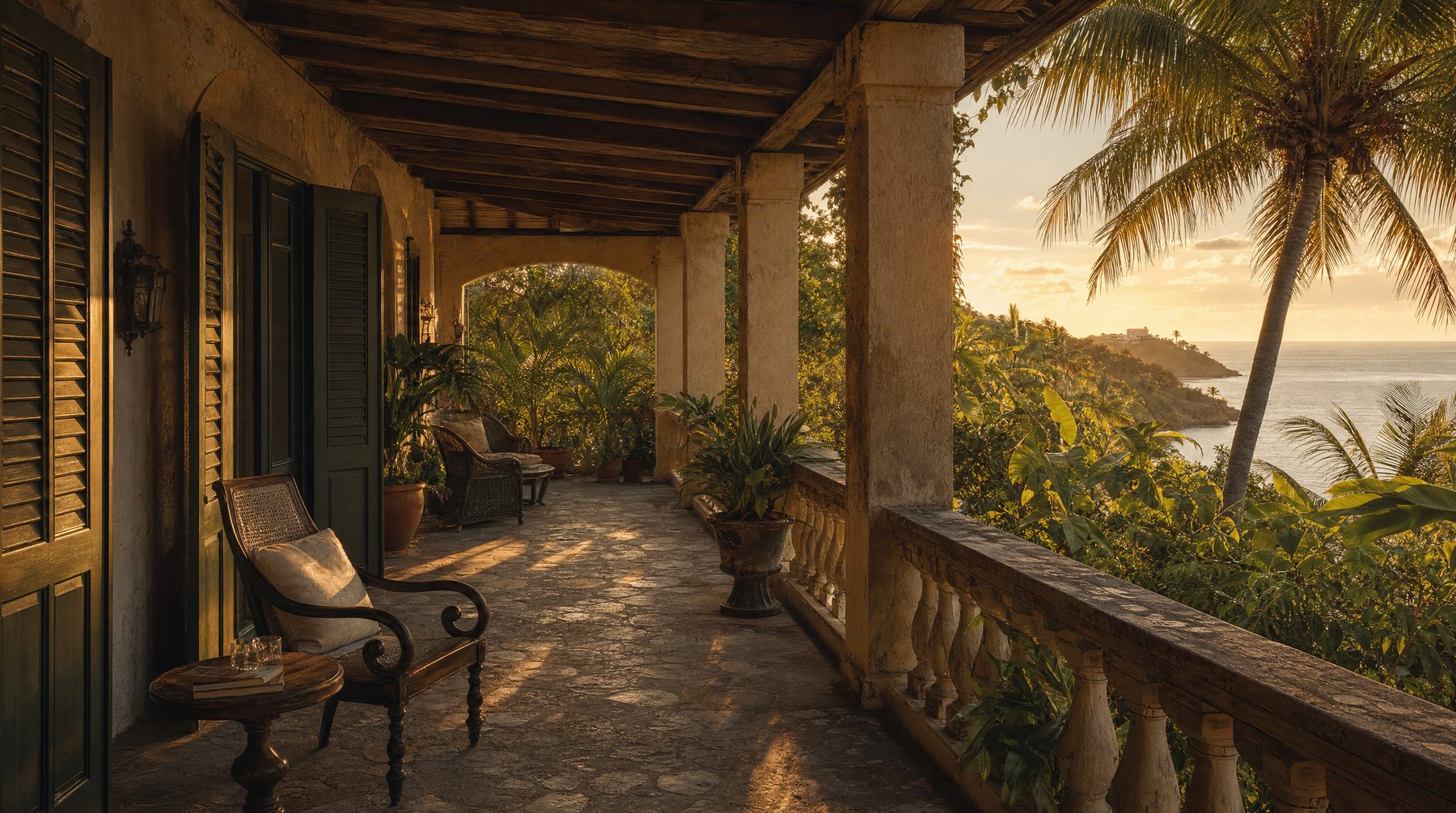 Private colonial veranda in Antigua with sea view