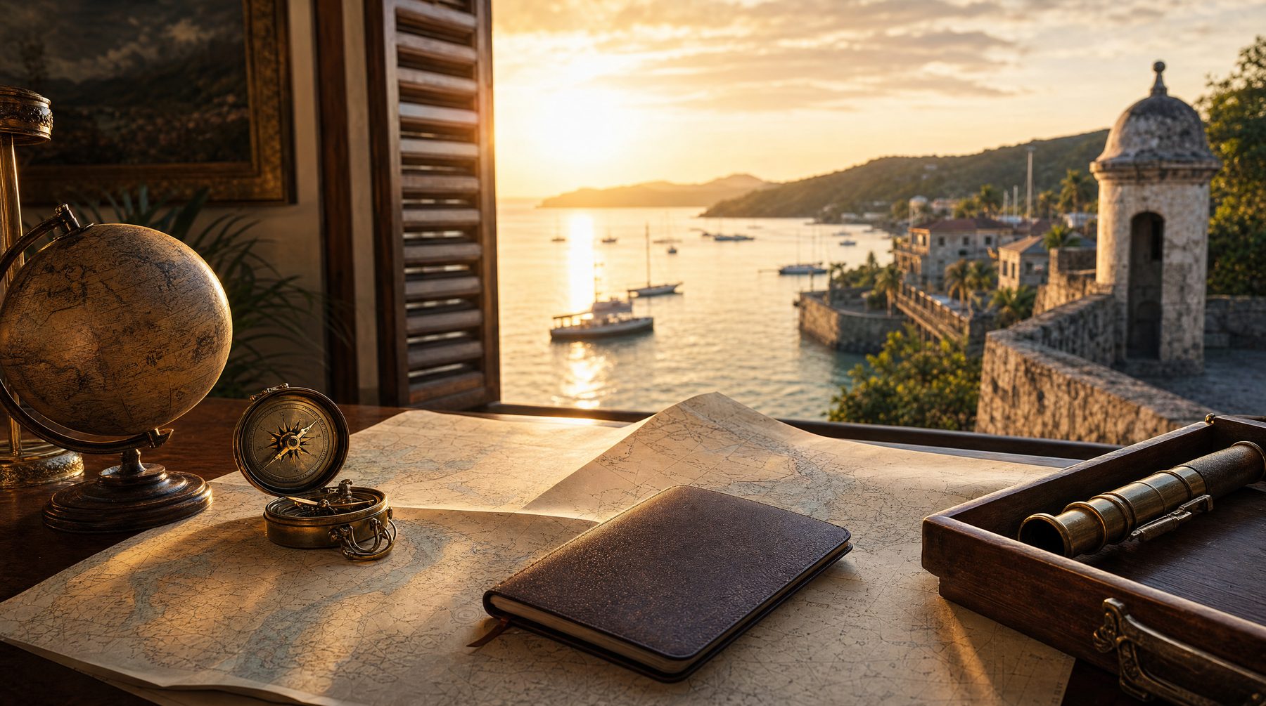 Relocation planning table beside an Antigua harbour window