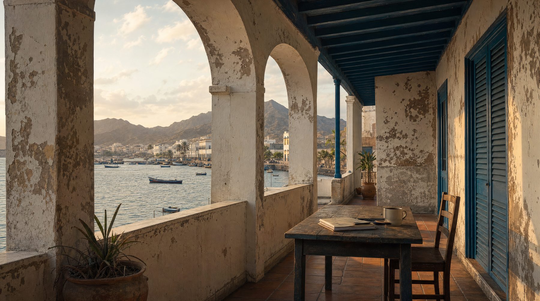 Cape Verde Portuguese colonial veranda overlooking harbour