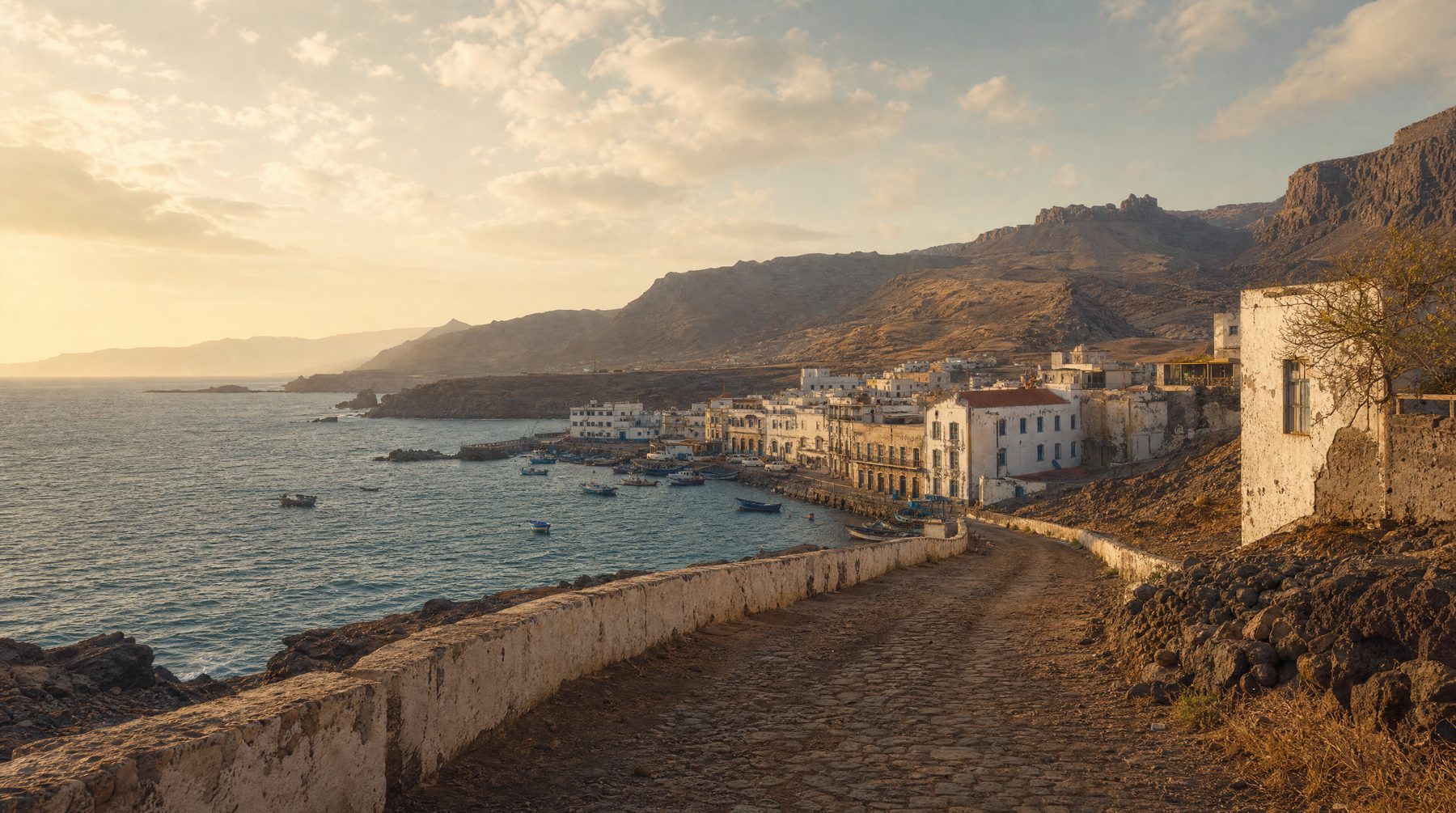 Volcanic Cape Verde coastal road above harbour