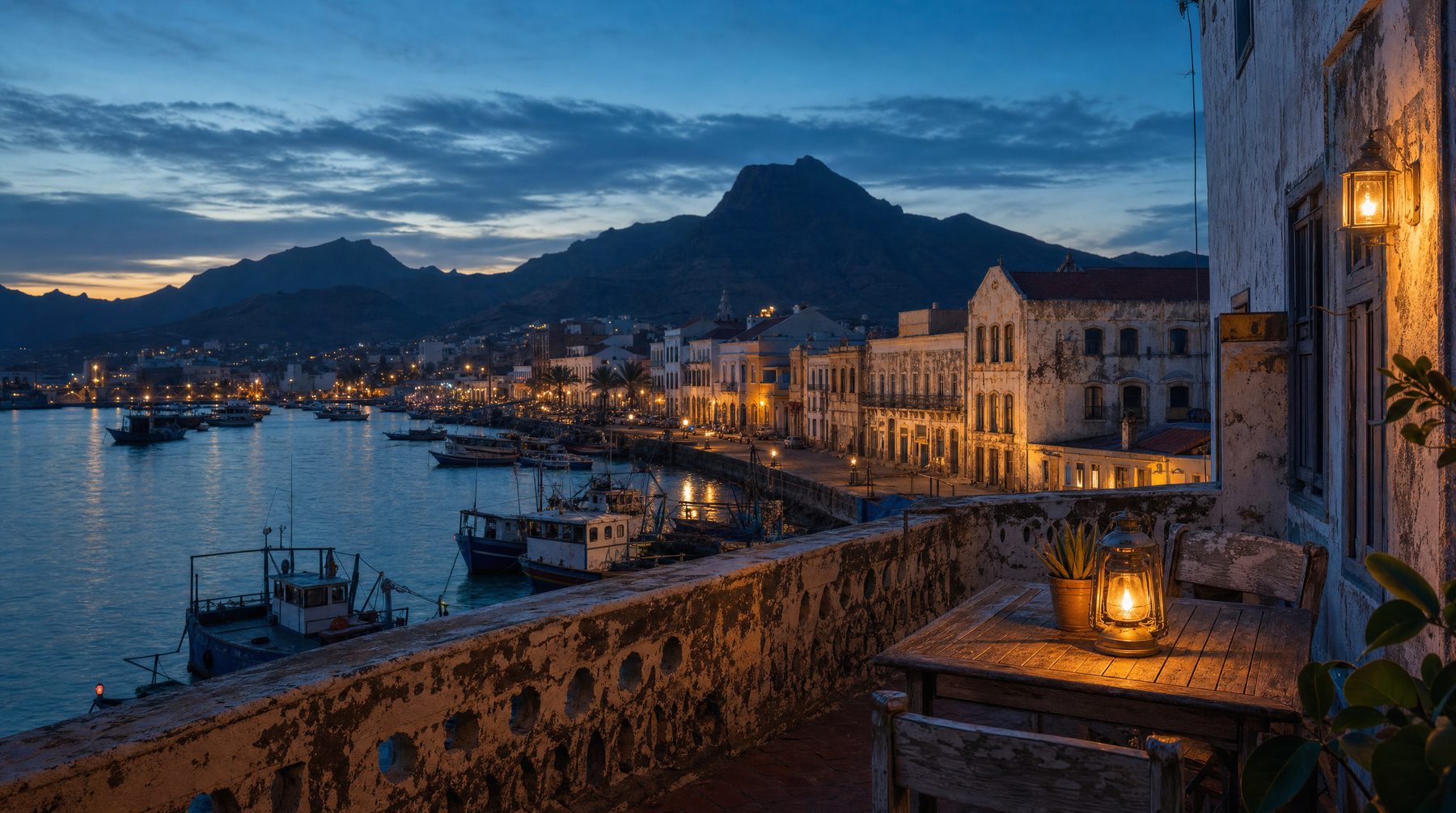 Cape Verde harbour terrace at blue hour