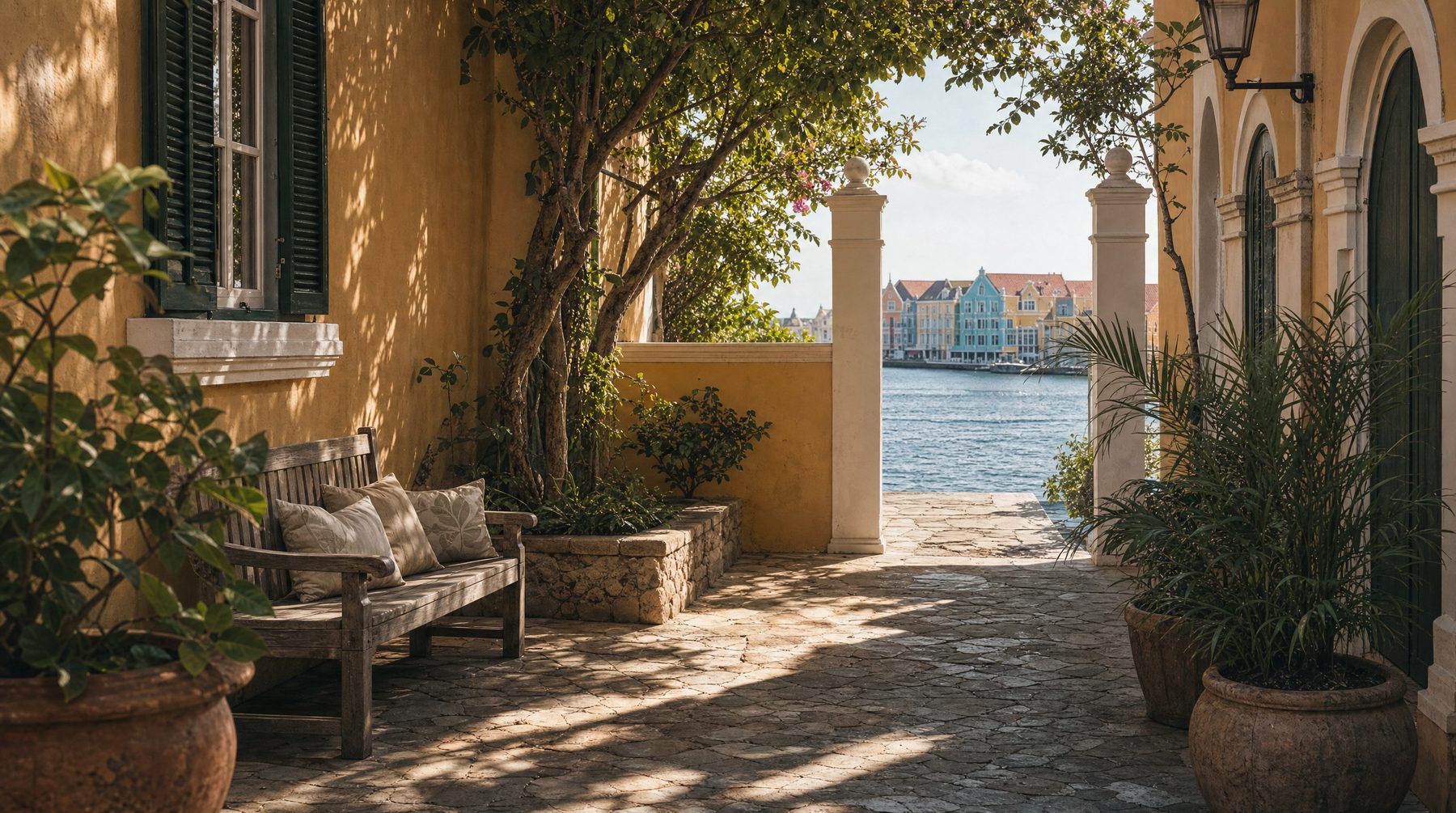 Shaded Dutch colonial courtyard in Curaçao