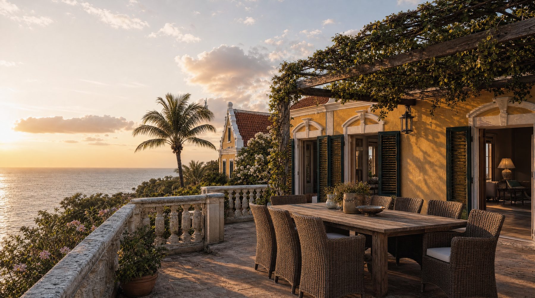 Curaçao coastal villa terrace at sunset