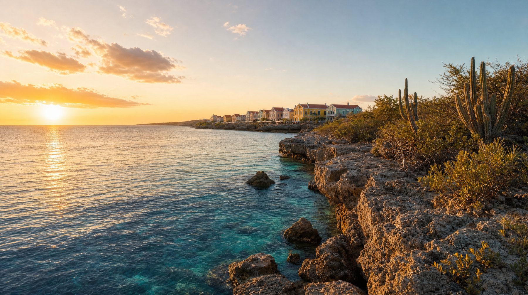 Curaçao rocky shoreline and pastel buildings