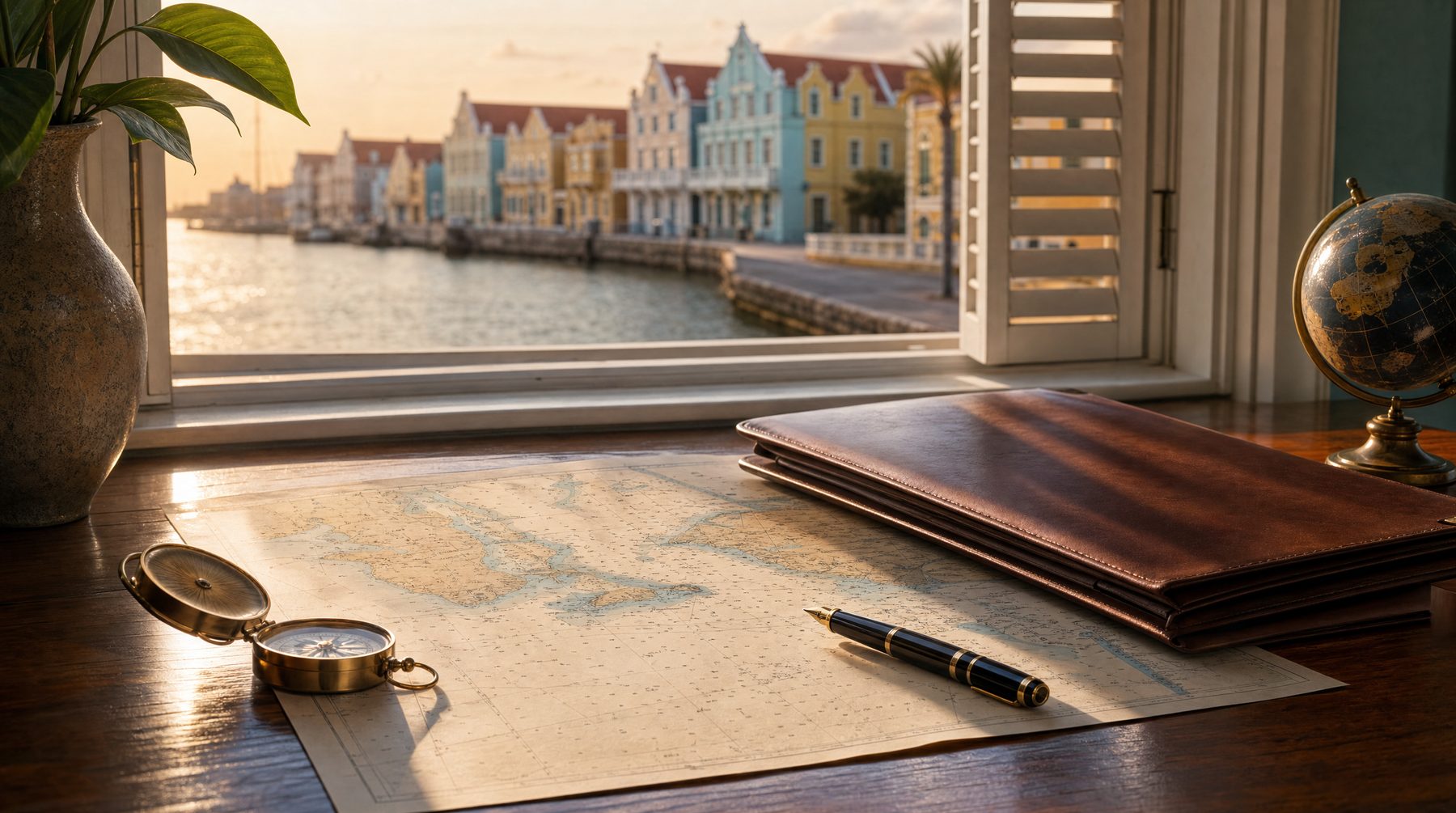 Curaçao retirement planning desk by harbour window