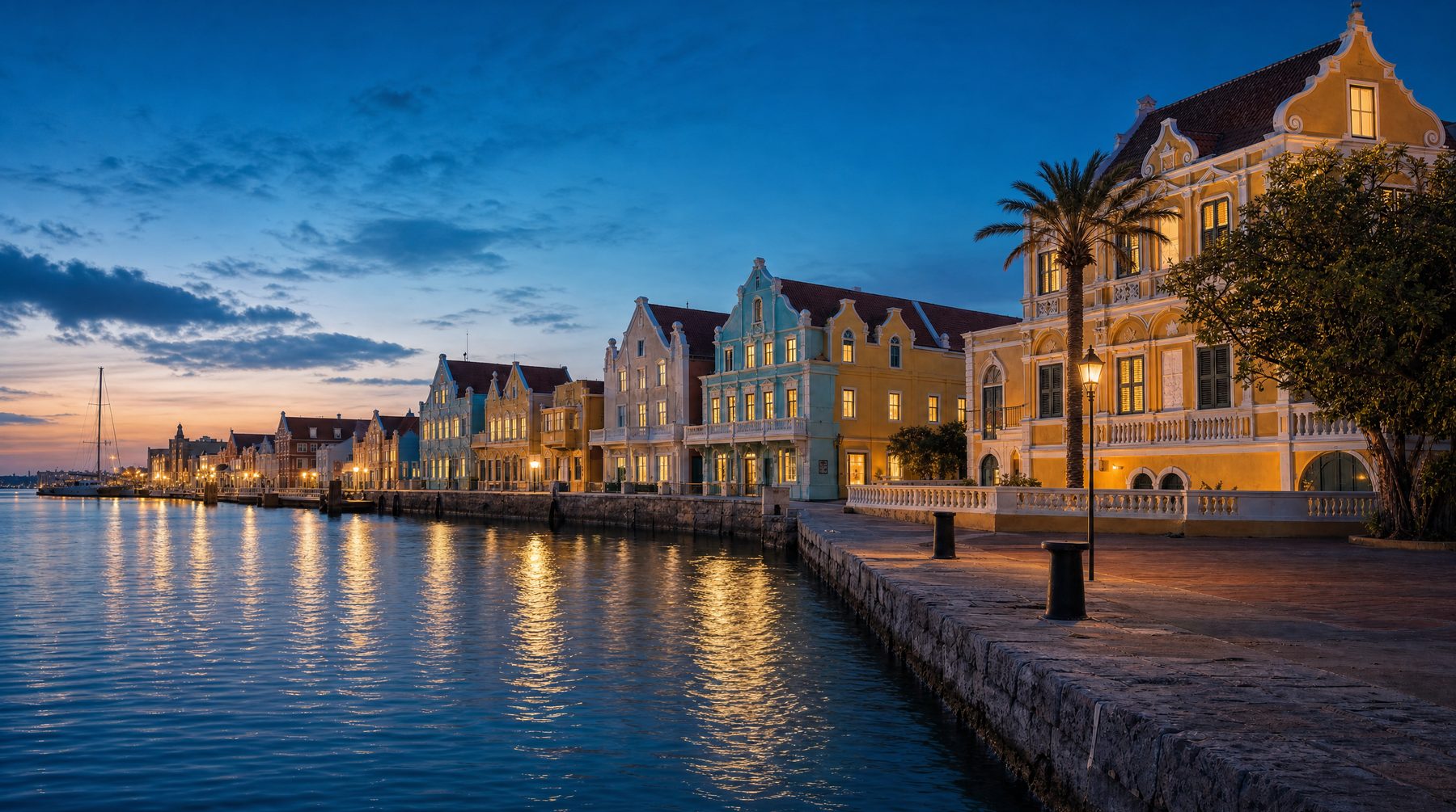 Willemstad waterfront at blue hour in Curaçao