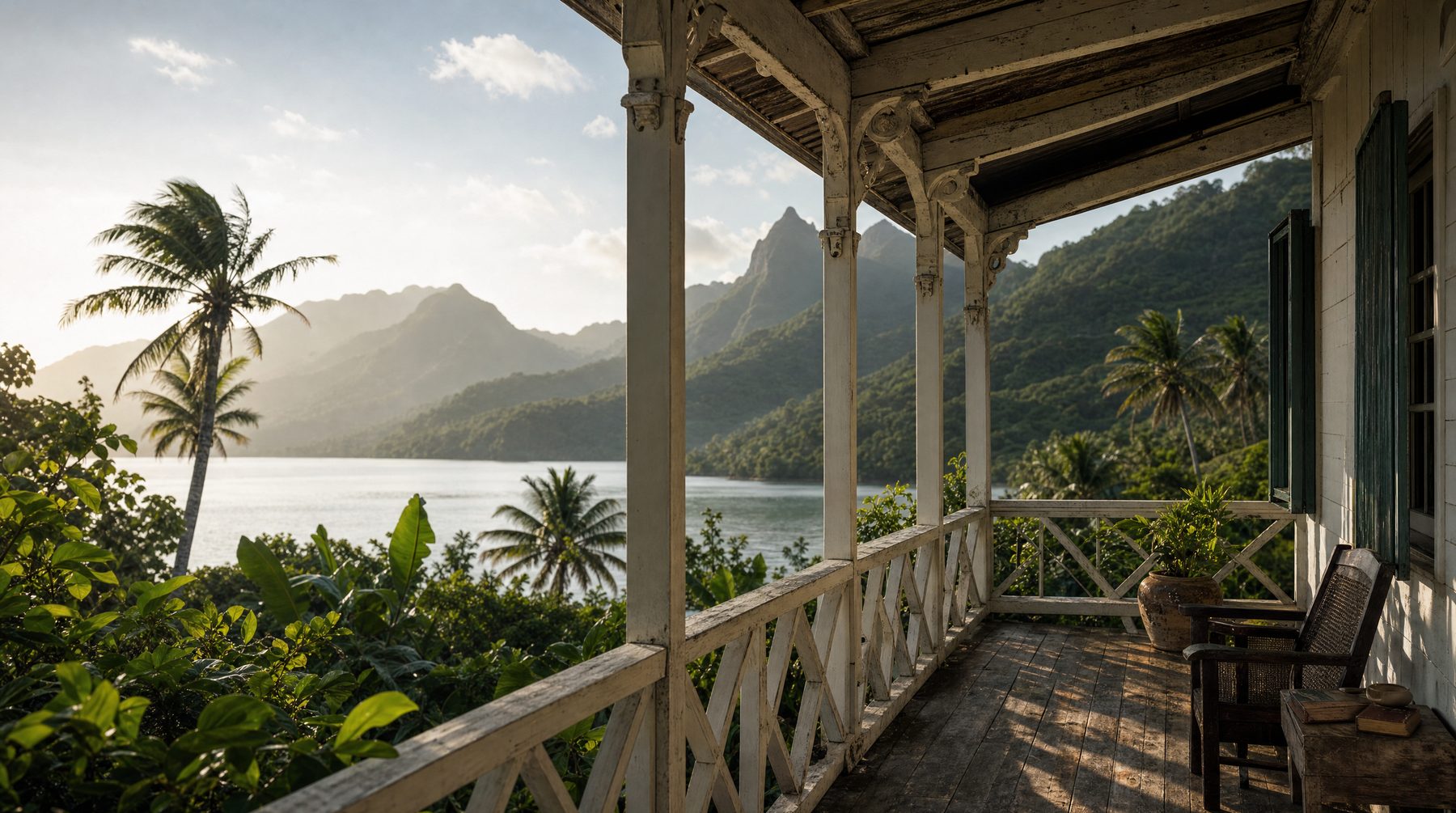 Fiji colonial veranda overlooking lagoon