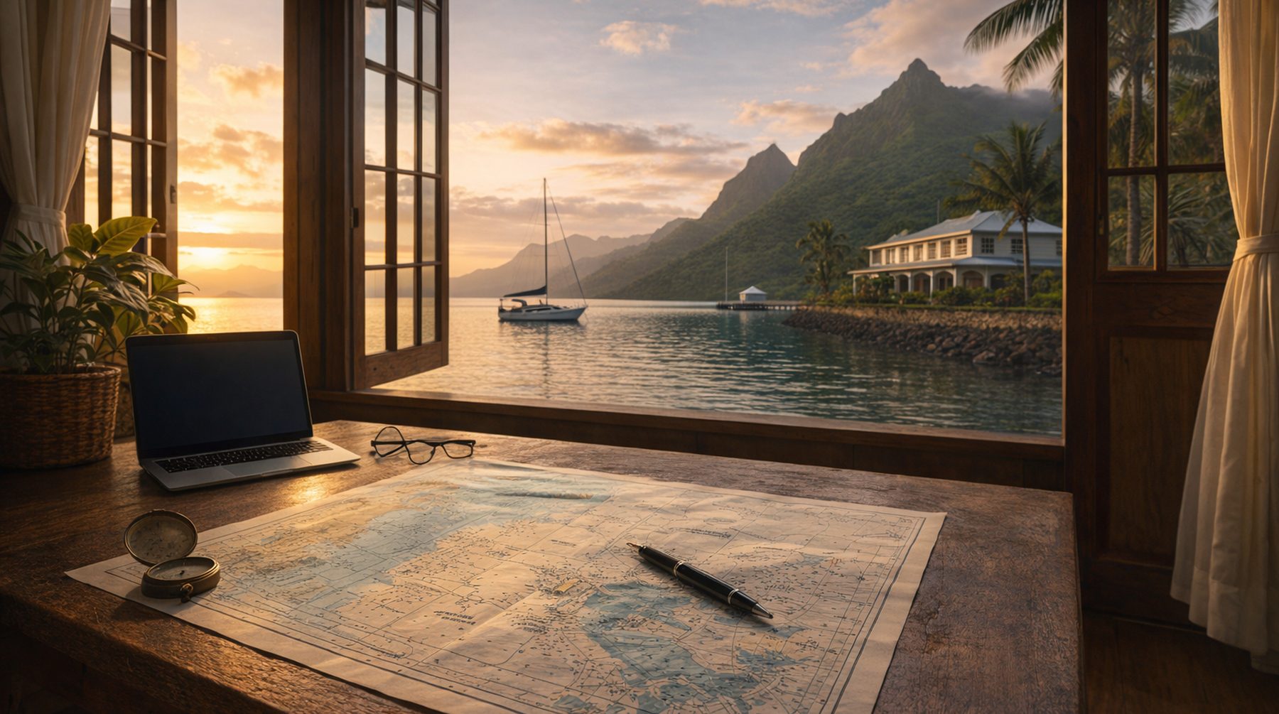 Fiji planning desk by lagoon window