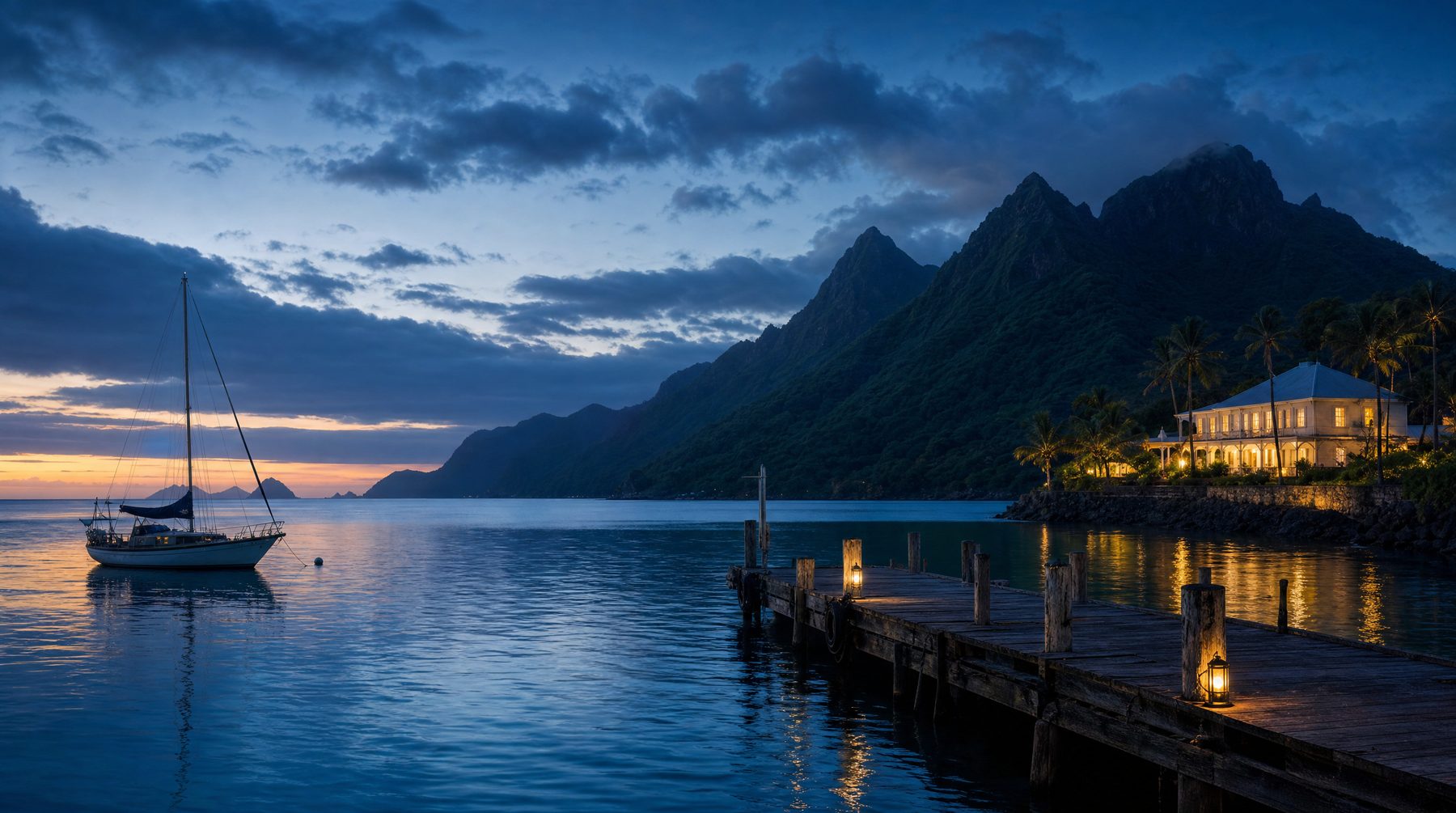 Fiji lagoon at blue hour with volcanic hills