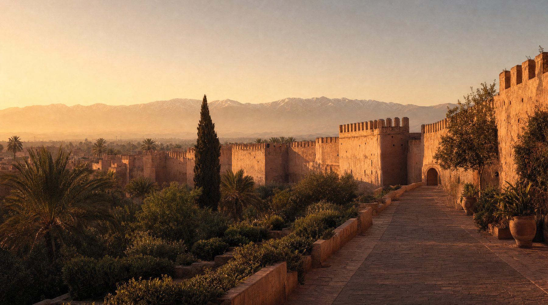 Old medina wall and Atlas garden path in Morocco