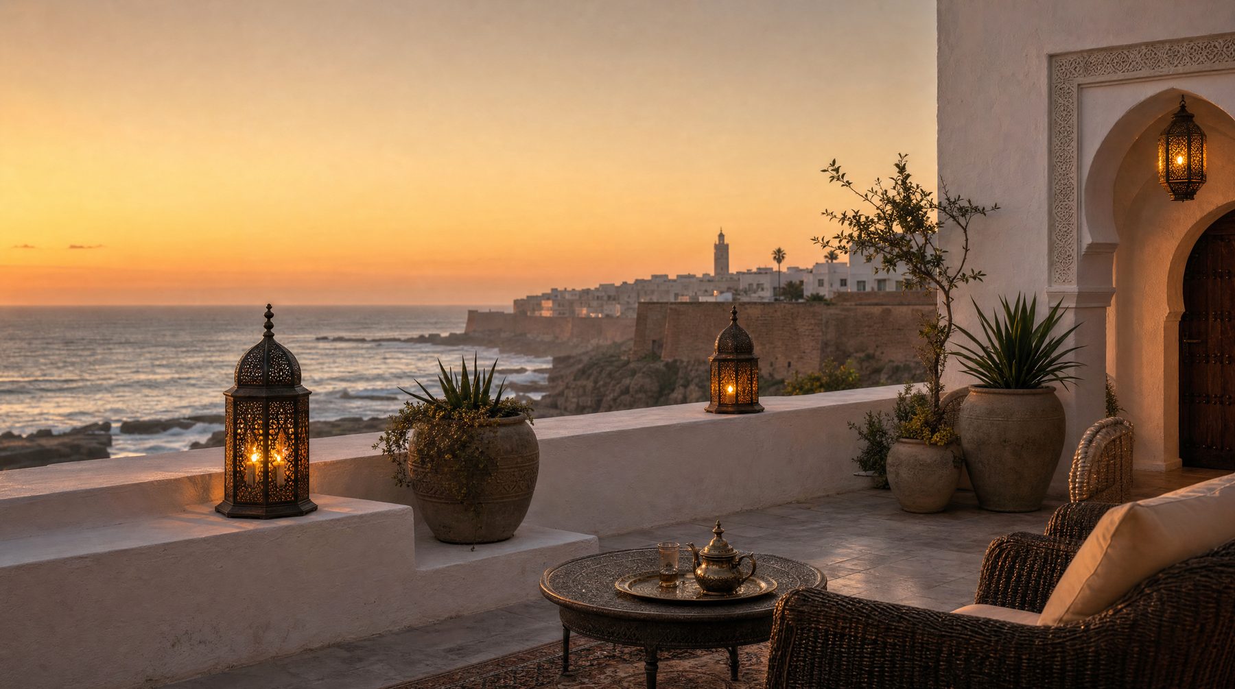 Atlantic-facing Moroccan terrace at dusk