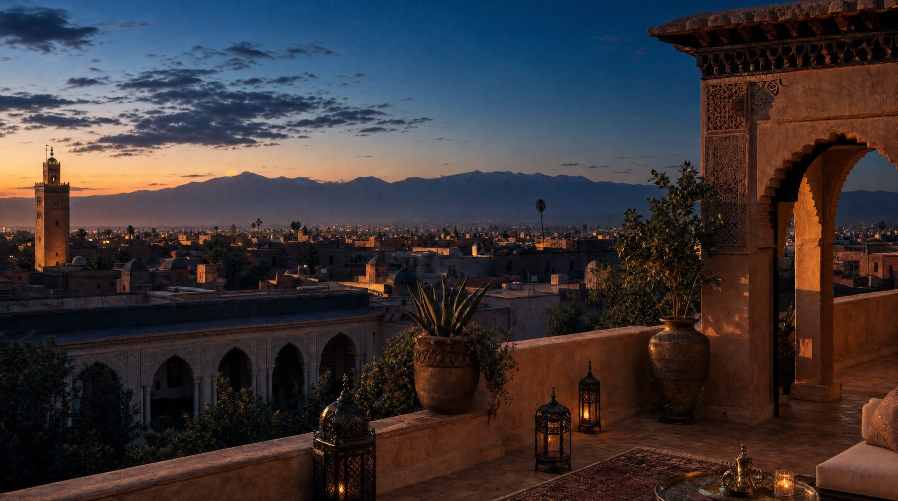 Morocco rooftop at blue hour over the old city