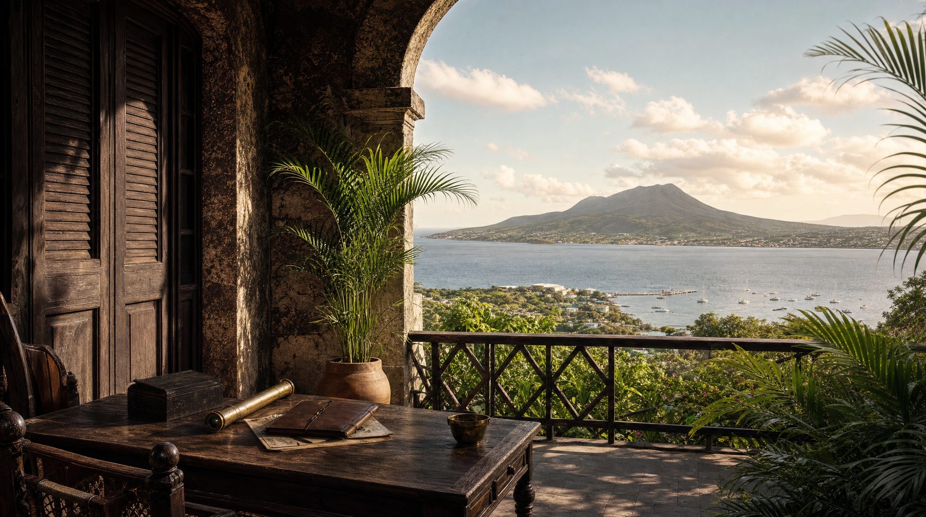 Colonial veranda overlooking Nevis and harbour