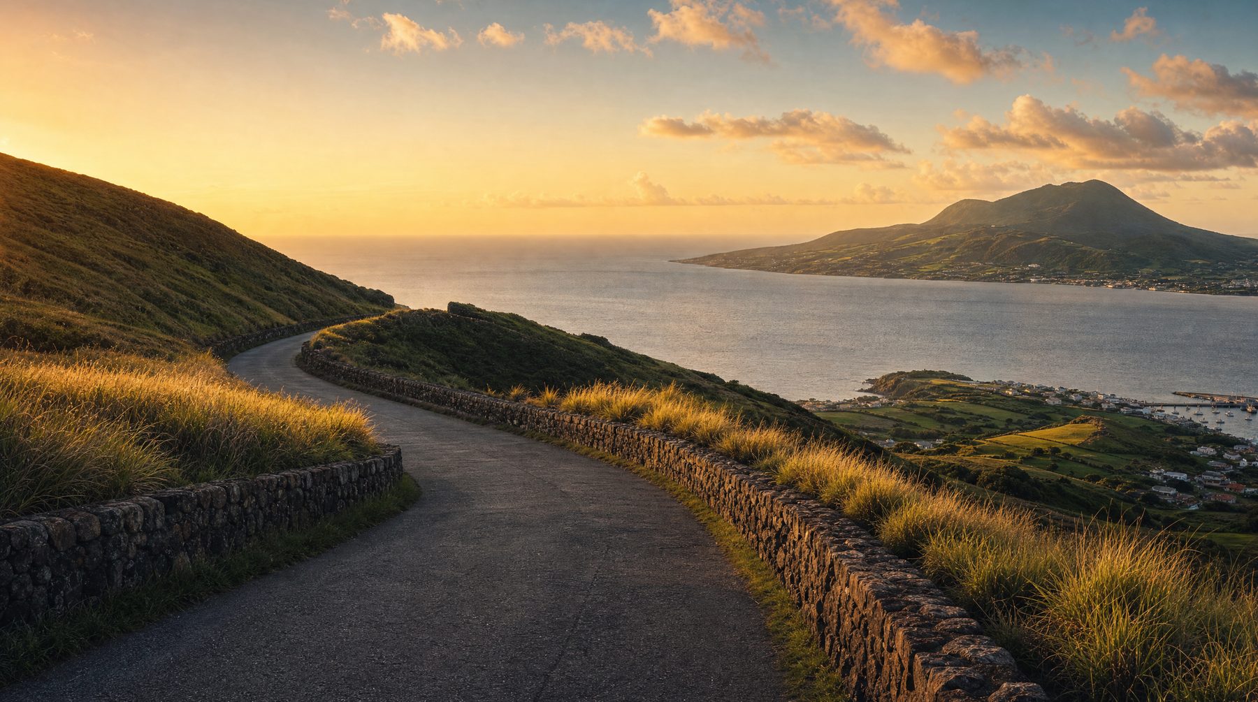 Volcanic road and harbour view in Saint Kitts and Nevis