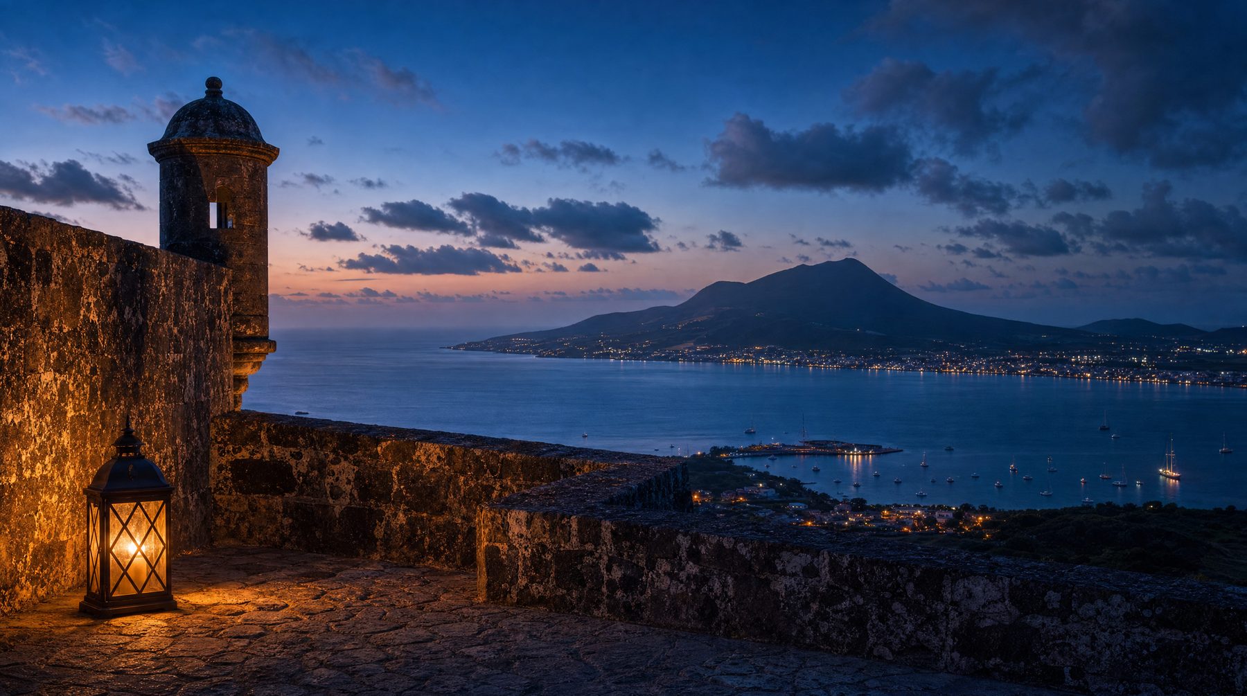 Fortress terrace at blue hour over Saint Kitts and Nevis harbour