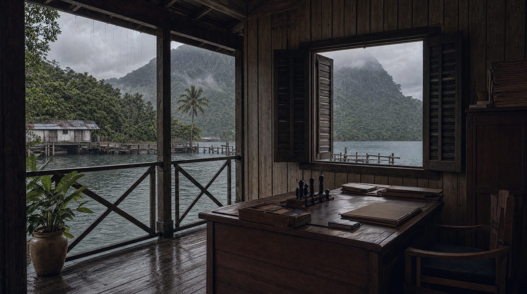 Rainy Pacific administrative veranda in Vanuatu