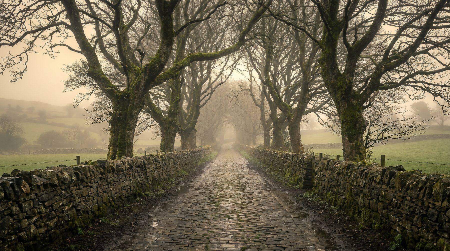 Old Irish estate lane in mist — Ireland