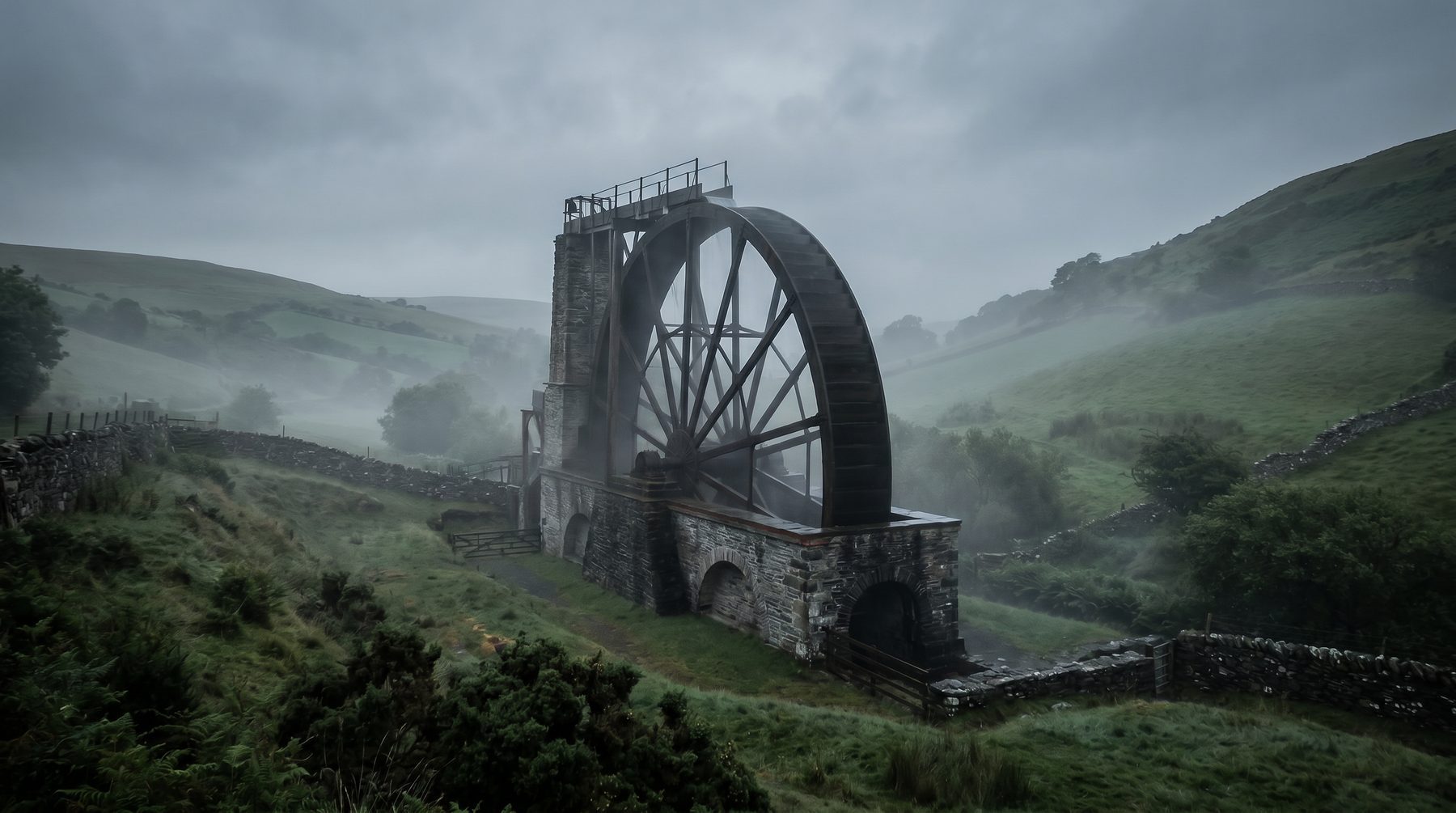 Laxey Wheel in morning mist — Isle of Man