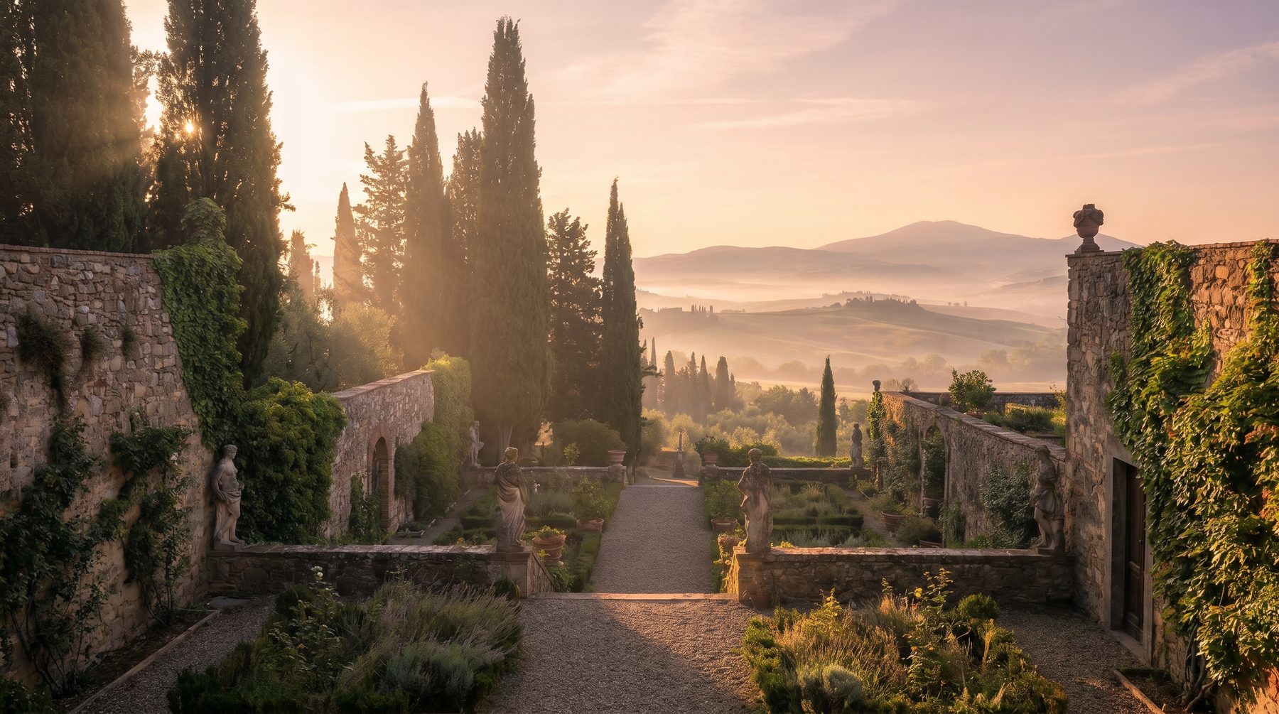 Italian villa garden at dawn — Italy