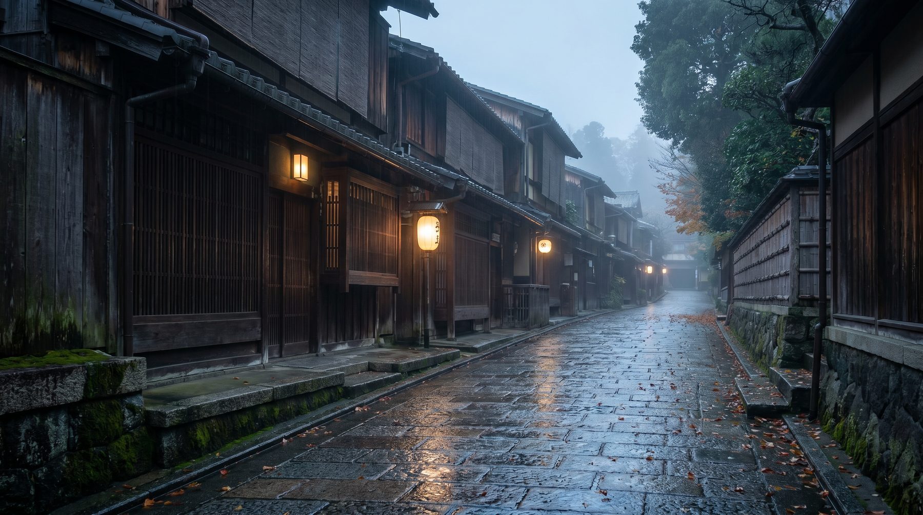 Kyoto wooden street after rain — Japan