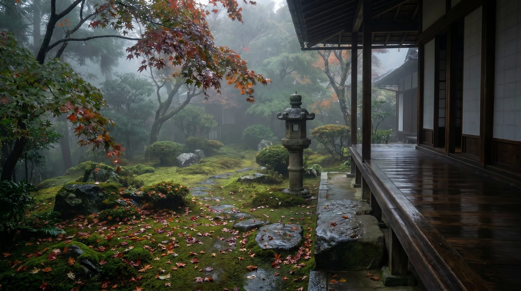 Japanese garden in rain — Japan