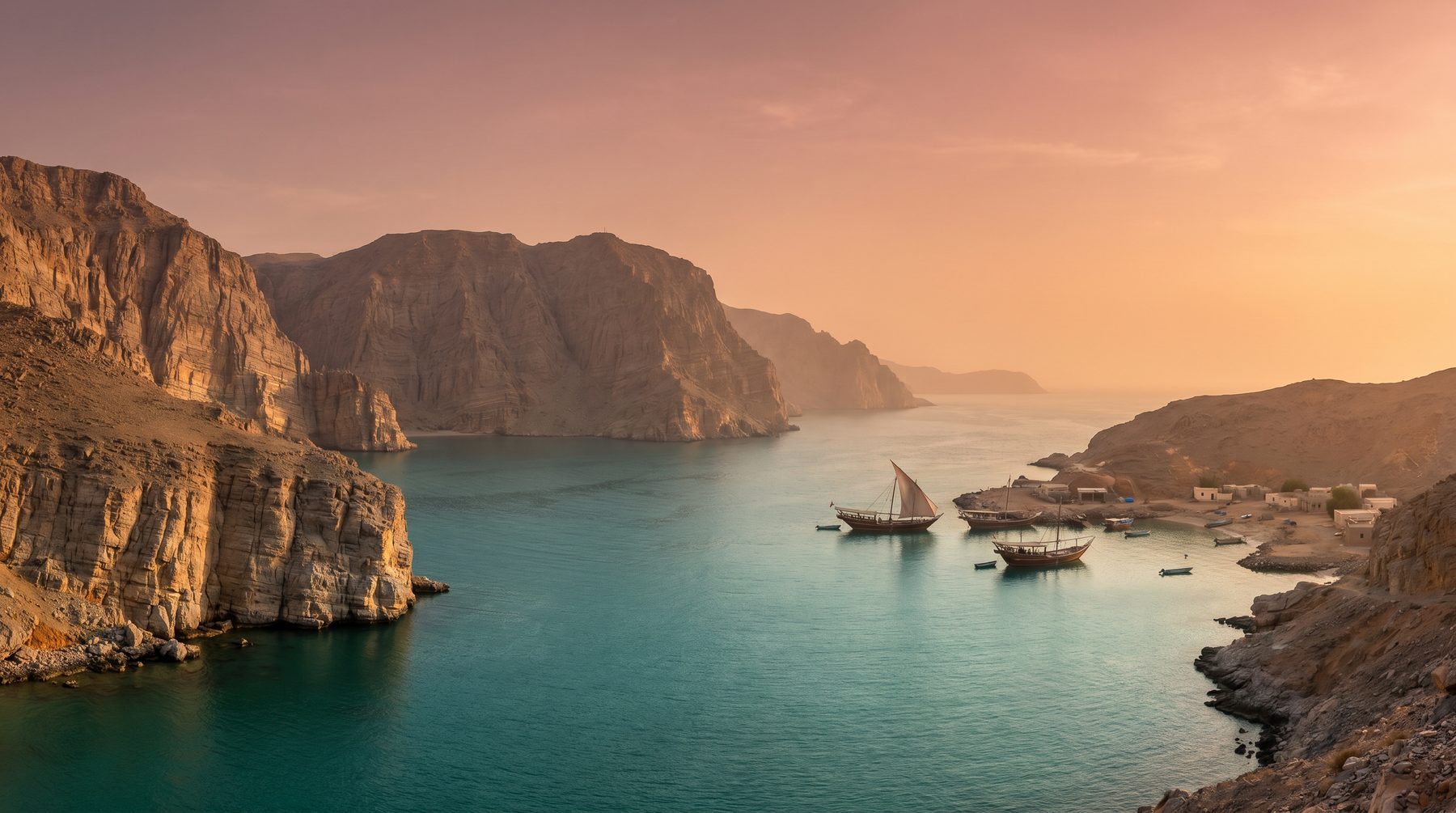 Musandam fjord coastline at sunset — Oman
