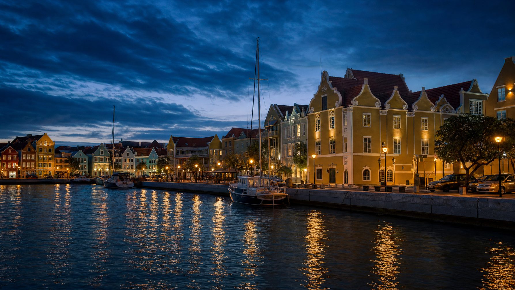 Willemstad harbour and colonial waterfront at blue hour