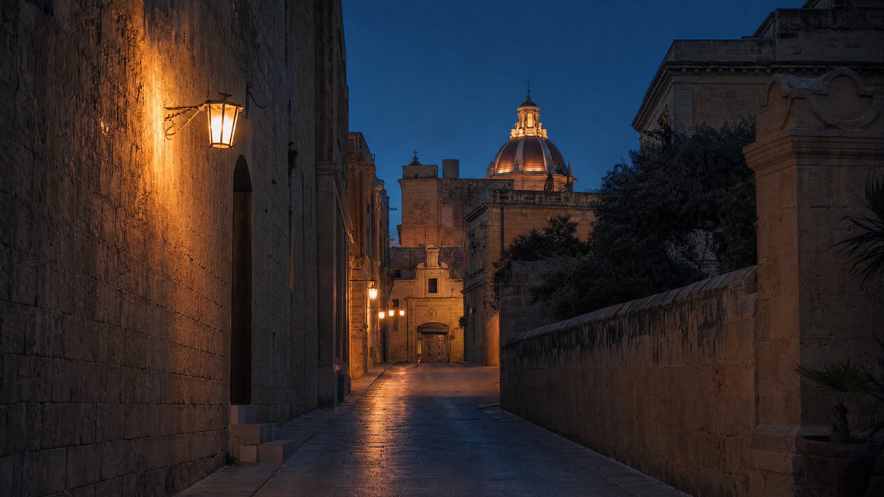 Mdina at evening with warm lantern light