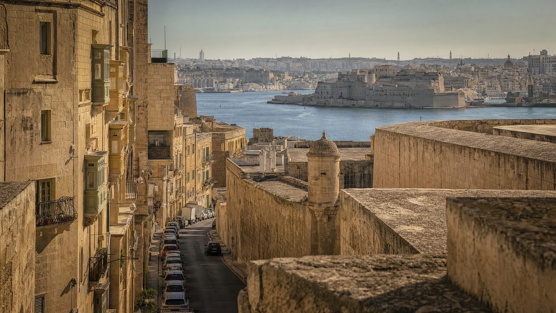 Valletta limestone streets and Grand Harbour