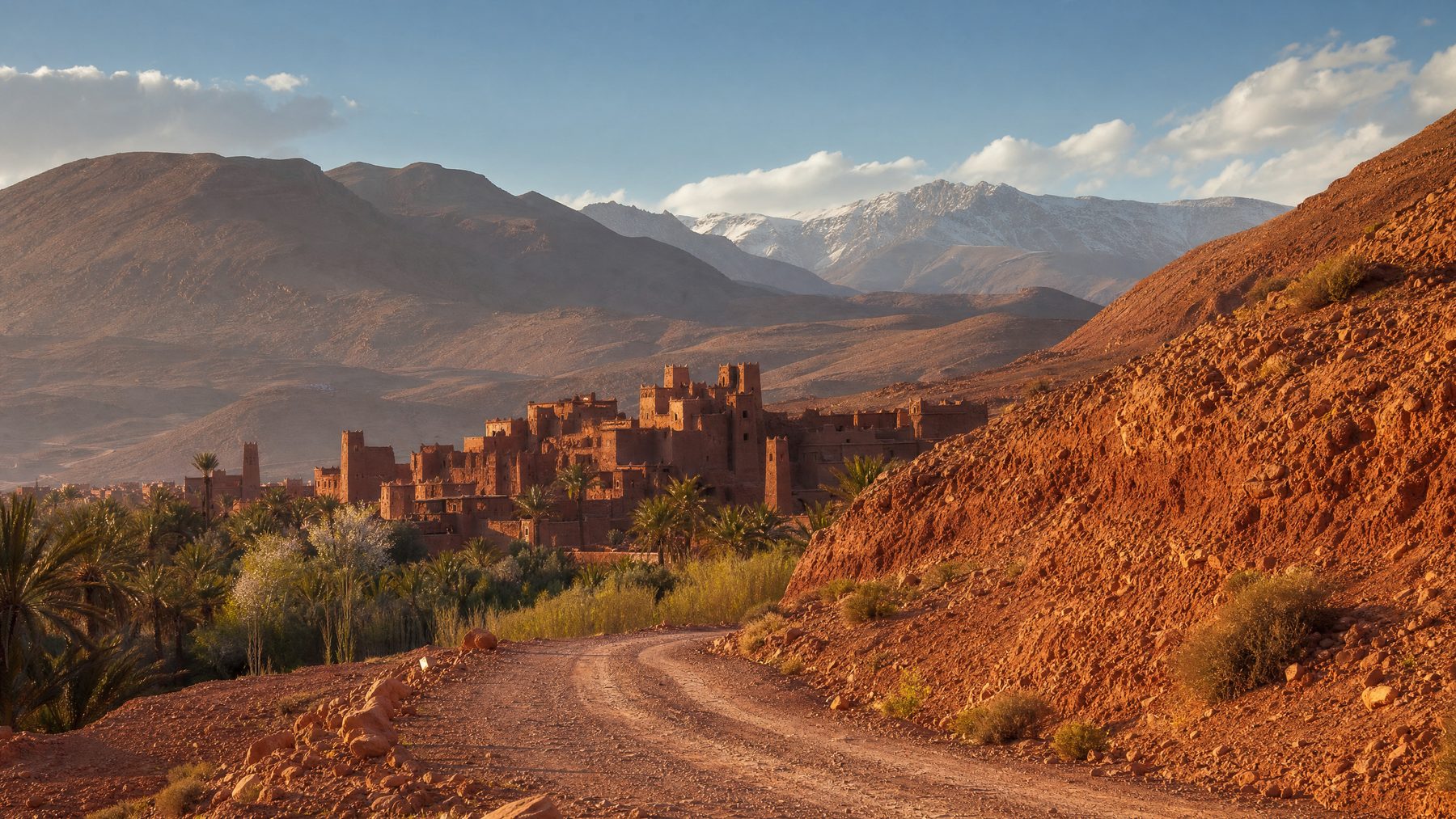 High Atlas foothills and Moroccan kasbah landscape
