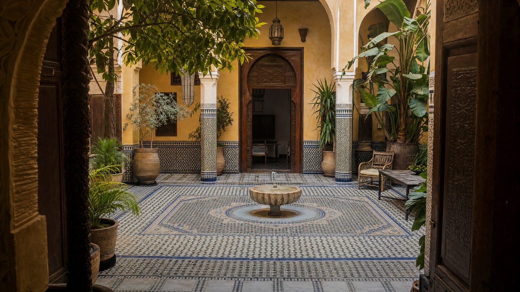 Moroccan riad courtyard and zellige tiles