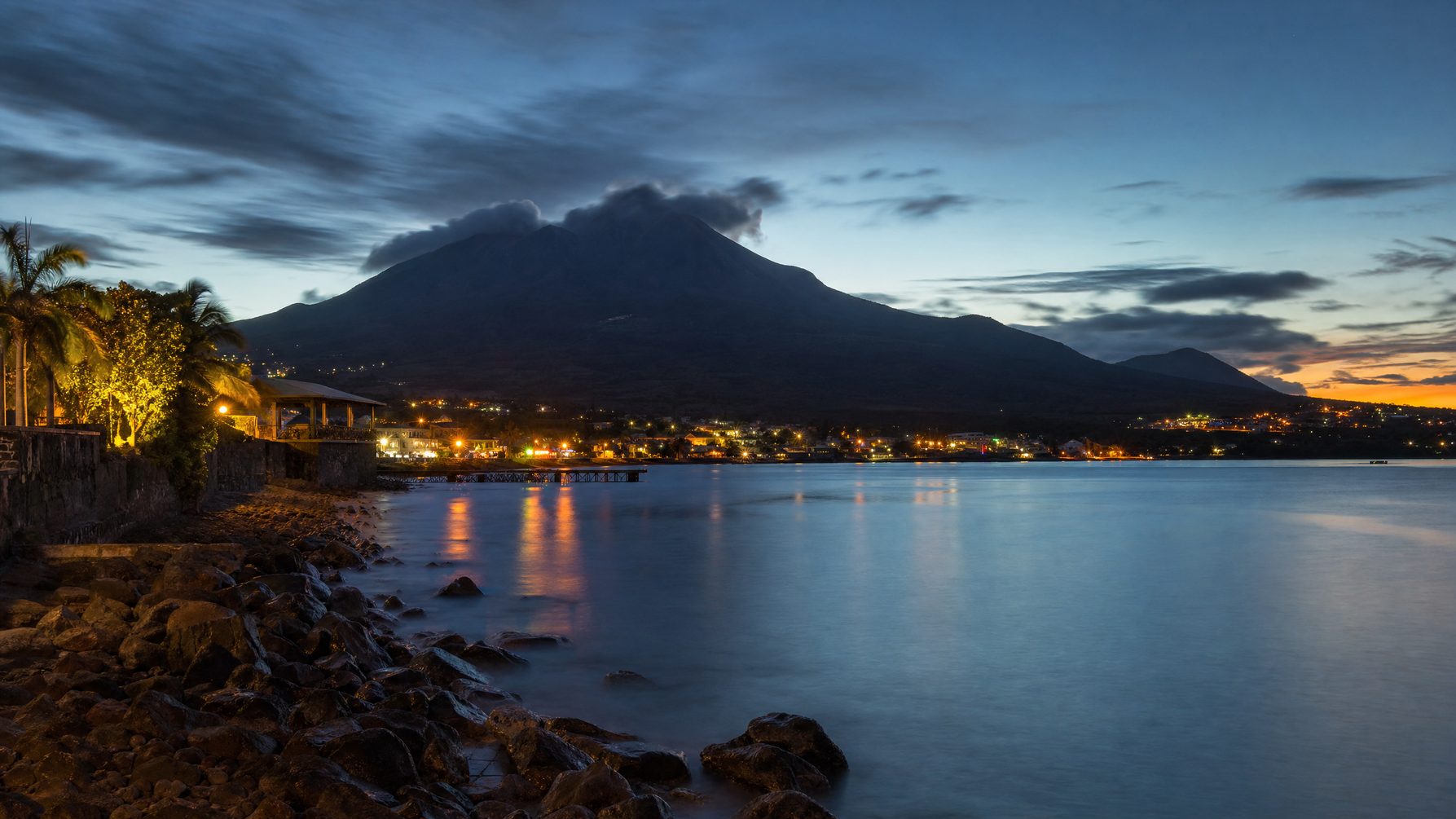 Nevis coastline and mountain silhouette at blue hour