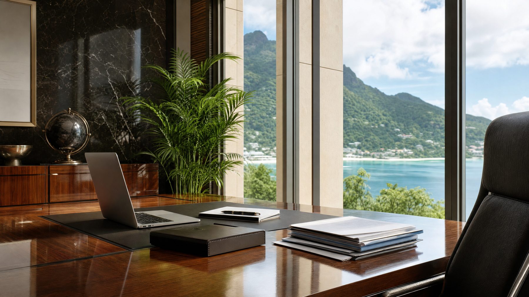 Seychelles financial services office with Indian Ocean view